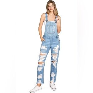 Cello Light Wash Distressed Denim Overalls NWT Size XS